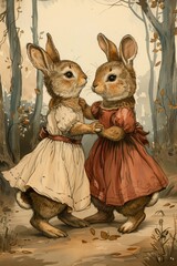 Obraz premium Sweet nursery art watercolor painting wall art for kids, children feature cute vintage couple bunny rabbit in the forest background, wallpaper