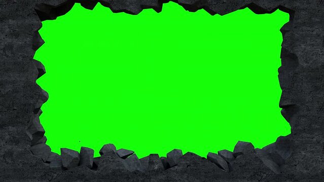explosion of a concrete wall. concrete wall explodes on green background. 3d animation of a wall explosion. backgroud of a wall explosion with copy space