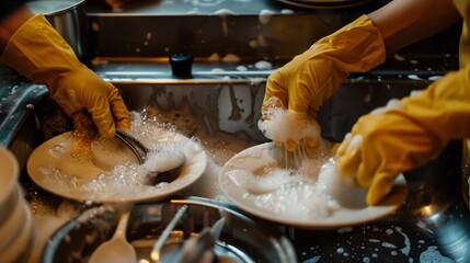 Close up of hands in yellow gloves washing dirty plates and silverware with soap and water in a sink.