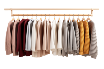 A Symphony of Knitwear on a Wooden Rail in a White Studio on a Clear PNG or White Background.