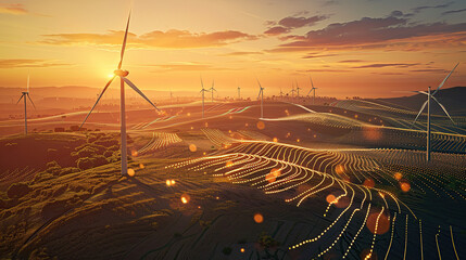wind turbines and solar panels connected by glowing data lines, against the backdrop of an orange sunset sky