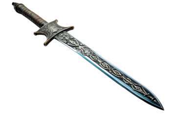 An Ornate, Silver-Inlaid Sword Glistens in the Light on a Clear PNG or White Background.