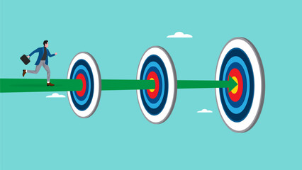 step to reach success or achievement, Short term, mid-term and long term goals, stages to achieve greater success, businessman running to short, medium and long term success target
