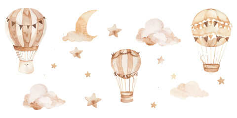 watercolor clipart of hot air balloons, clouds and stars in neutral tones on a white background