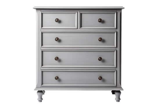 A Timeless Grey Chest of Drawers With Elegant Brass Knobs on a Clear PNG or White Background.