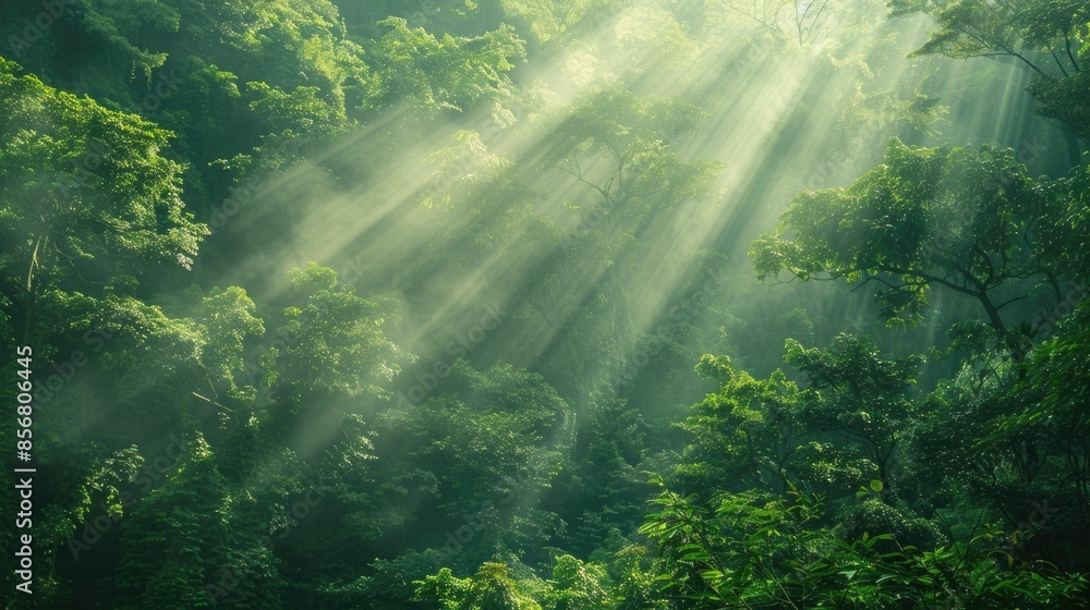 Poster enchanting sunlight filtering through the lush verdant canopy of a dense evergreen forest creating a