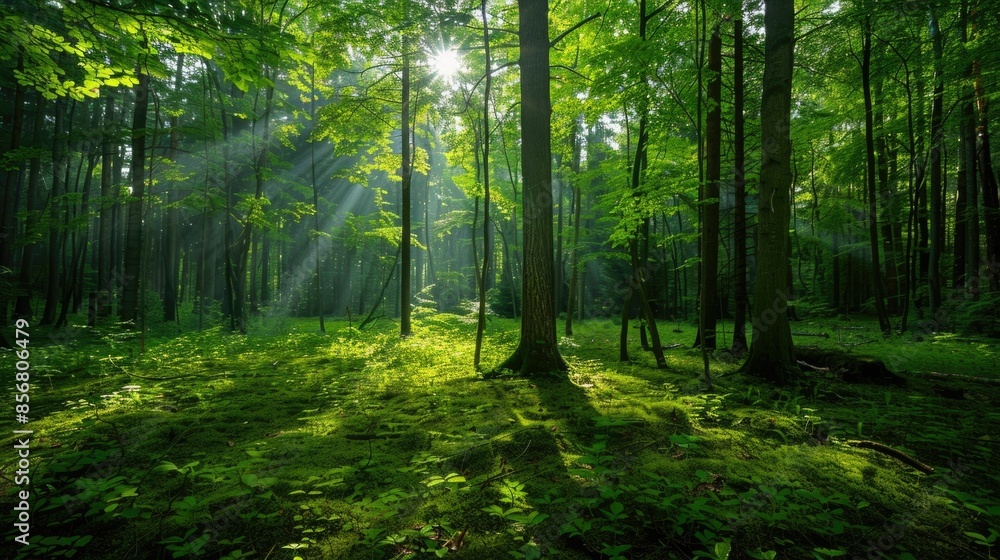 Poster stunning view of a lush green forest with sunlight filtering through the dense foliage creating a se