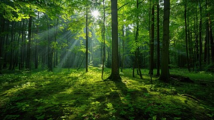 Obraz premium Stunning view of a lush green forest with sunlight filtering through the dense foliage creating a serene and tranquil atmosphere