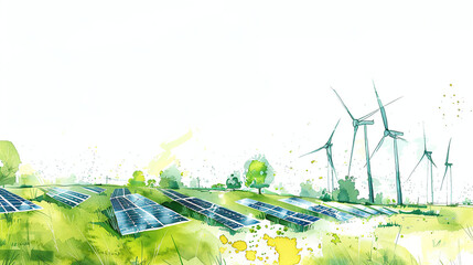 illustration of a green energy landscape with solar panels and wind turbines on a white background in the watercolor style