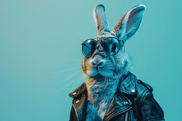 a rabbit wearing sunglasses and a leather jacket