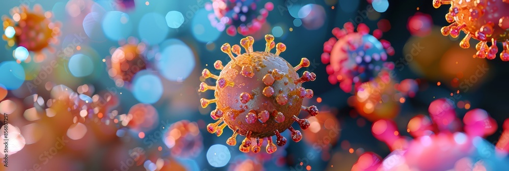 Poster colorful 3d rendering of viruses in air - a vibrant illustration showcases multiple virus particles 