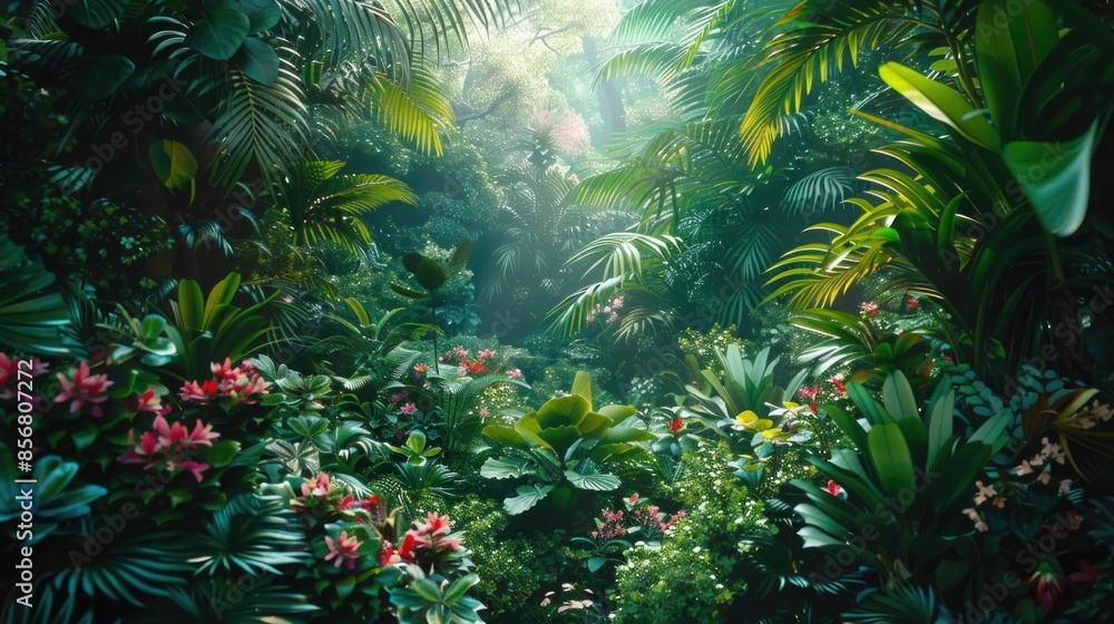 Poster lush and verdant tropical jungle teeming with a diverse array of vibrant foliage dense undergrowth a
