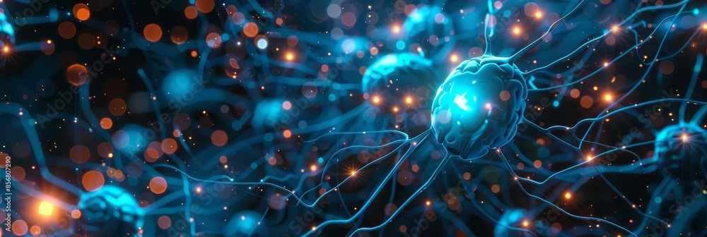 Poster digital depiction of neurons in the brain - a vibrant image representing a network of neurons, highl