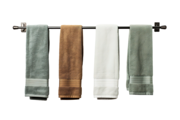 A Freshly Laundered Quartet of Towels Hangs on a Black Towel Bar on a Clear PNG or White Background.
