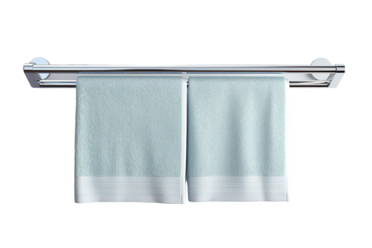 Two Freshly Laundered Towels Hanging on a Double Towel Bar in a Bathroom on a Clear PNG or White Background.