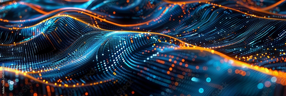 Poster dynamic blue and orange digital wave pattern - an abstract design of a dynamic digital wave with int