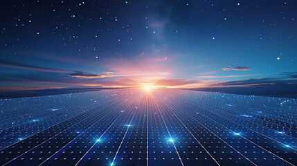 Obraz premium A digital grid of solar panels extending across the horizon, with stars and distant city lights twinkling above them
