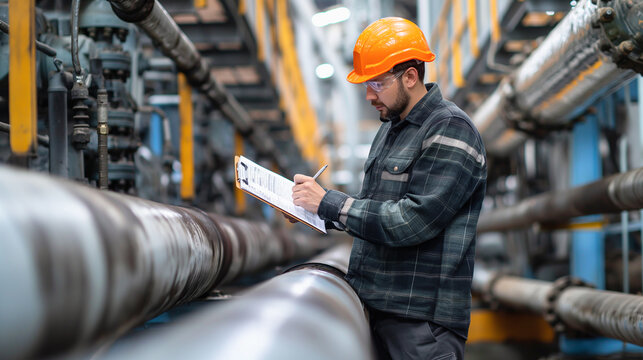 A technician wearing a safety helmet is conducting an inspection and recording data on petroleum gas pipelines at an oil transportation station