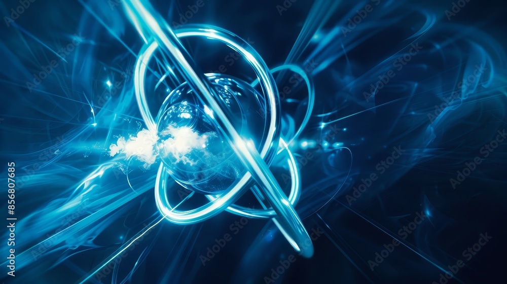 Poster blue atomic structure with dynamic lines - an artistic representation of atomic particles with brigh
