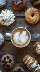 Fototapeta premium Cup of latte art coffee surrounded by assorted pastries on wooden table, cozy cafe concept