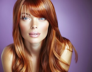 Fototapeta premium Woman With Long Wavy Red Hair and Bangs Against a Purple Background