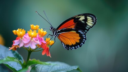 Fototapeta premium Close up photo of a delicate colorful butterfly perched on a vibrant blooming flower in a lush natural garden The butterfly s intricate wings and the flower s delicate petals create an elegant