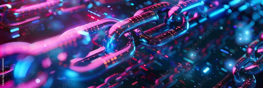 Poster colorful digital blockchain technology background - brightly colored chains with a glowing cyber fee