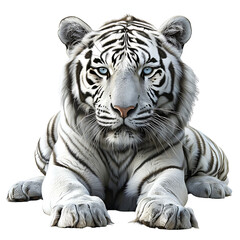 Fototapeta premium Portrait of a majestic white tiger, showcasing its powerful head and captivating face, in a natural wildlife setting, on transparent background. 