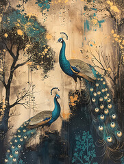 Chinoiserie painting of a couple peacock on tree branch background , moody vintage wall art, wallpaper