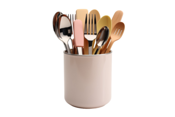 A Pink Ceramic Utensil Holder Filled With Kitchenware on a Clear PNG or White Background.