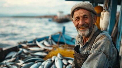 Obraz premium portrait of a mature joyful Caucasian fisherman on a fishing boat or ship with a rich catch of fish while at sea. commercial fishing ship