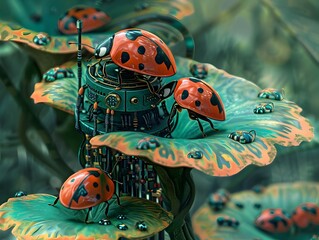 Chibi Ladybugs Perched on High-Tech Router Amid Ginkgo Leaves in Tribal Art Style