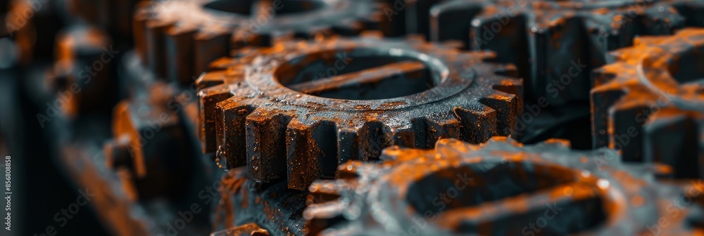 Poster rusty gears in a close-up mechanical image - detailed texture of rusty industrial gears, symbolizing