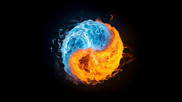 A Yin-Yang of Fire and Water, Clockwise Swirling Fusion of Flames and Water