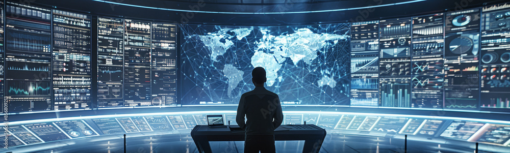 Poster futuristic command center with world map display - image of a person operating in a high-tech comman