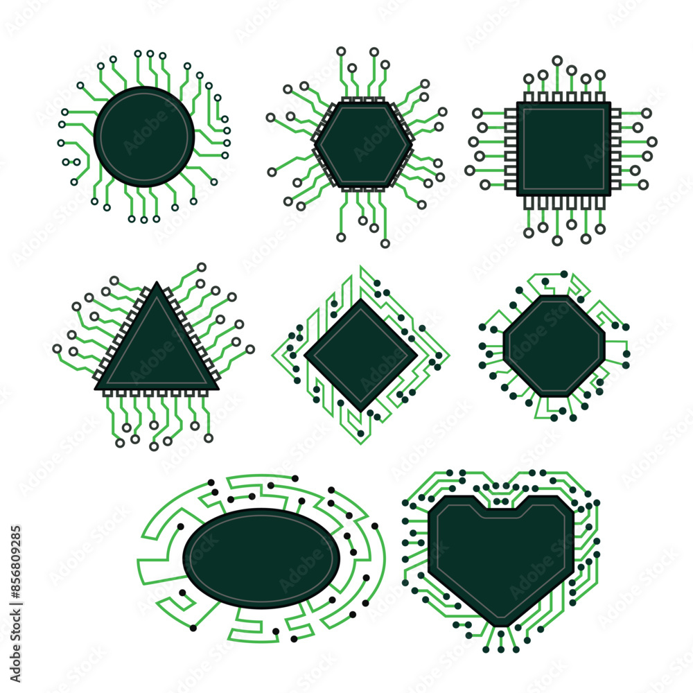 Poster set of microchip frame. electronic chip, cpu border and digital circuit line board. computer process