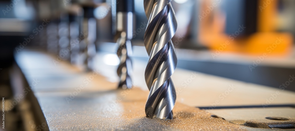 Poster sharp cnc drill bit in focus amid blurred background of intricate machine operations