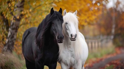 Two horses standing next to each other, one black and one white