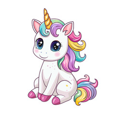 A cute unicorn. A hand-drawn pony with a golden horn isolated on a white background.
