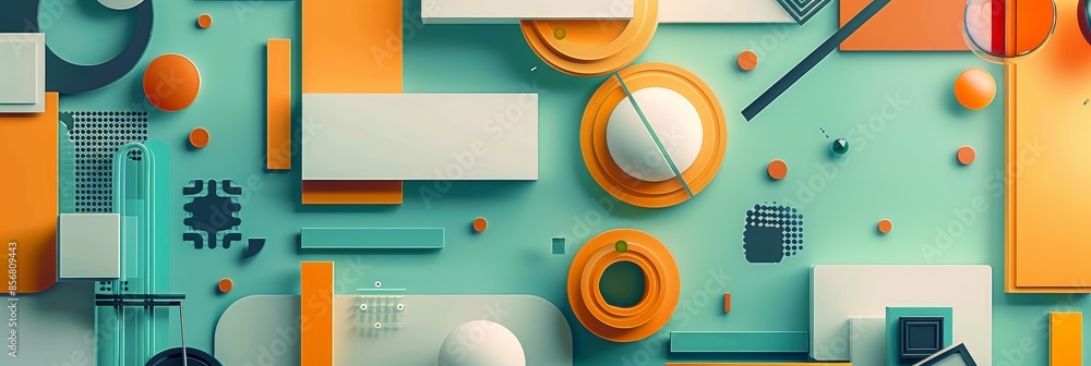 Poster abstract geometric composition with orange and blue tones - the image is a complex arrangement of ab
