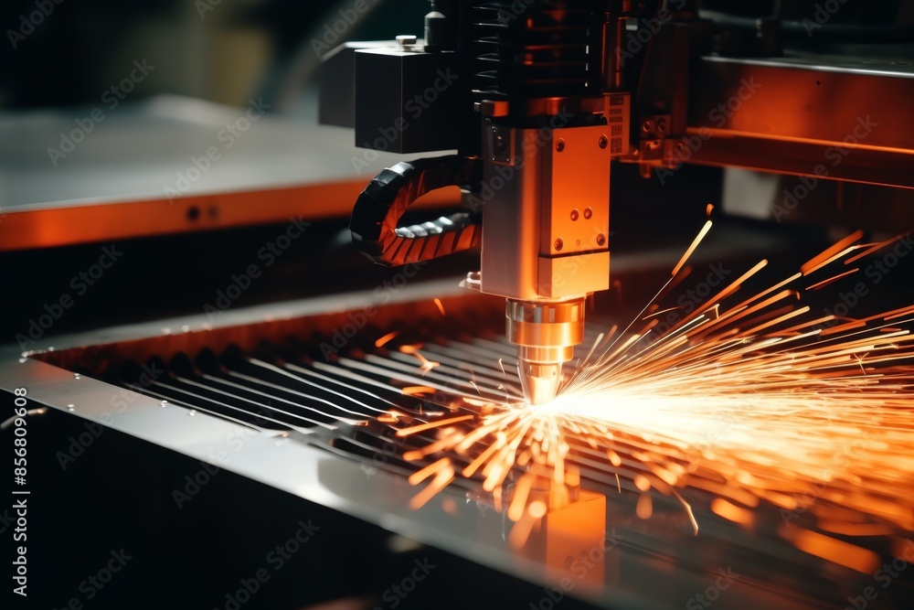 Poster cnc milling machine shaping intricate metal form with tool, creating sparks in detailed process