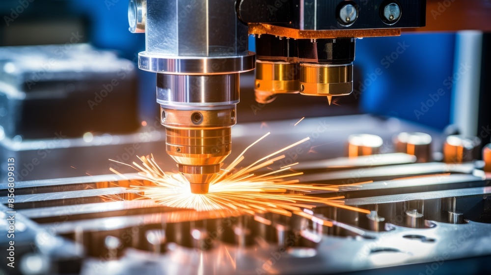 Poster precision cnc milling machine crafting intricate shape on metal with tool and sparks