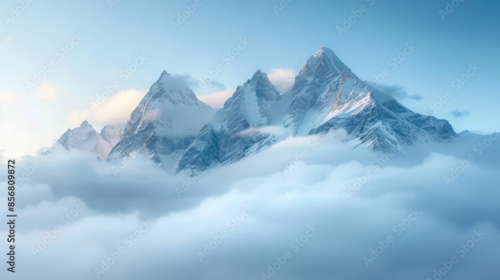 Aufkleber dramatic and serene misty mountain range with snow capped peaks emerging from ethereal clouds in a c