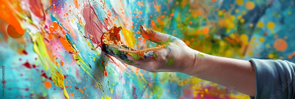 Poster colorful paint on hand and canvas - vibrant image capturing a hand splashing paint on a canvas, show