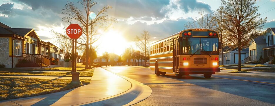 Digital 3D render, wide-angle view of a sleek modern school bus, stop sign vividly highlighted, flashing lights glowing, set against a suburban street backdrop, late afternoon sun casting long shadows