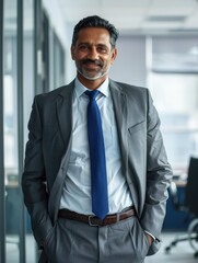 Fototapeta premium A professional man stands in his office wearing a suit and tie, ready to work or meet