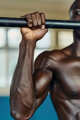 Fototapeta premium Hand gripping pull up bar, muscles tense with visible veins during focused exercise session