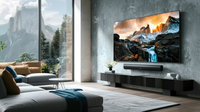 Sleek and modern living room setup featuring a wall mounted OLED TV and sophisticated soundbar creating an immersive entertainment experience amid a tranquil and harmonious interior design