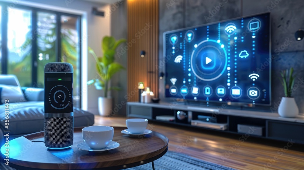Poster futuristic smart home entertainment system being controlled using a voice assistant in a modern styl
