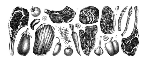 Healthy food sketches set. Meat and vegetable vector icons. Raw steaks drawings. Hand drawn food illustrations. NOT AI generated